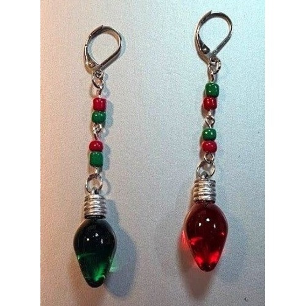 Handmade Christmas Light Dangle Earrings Mismatched Green Red Holiday # Festive